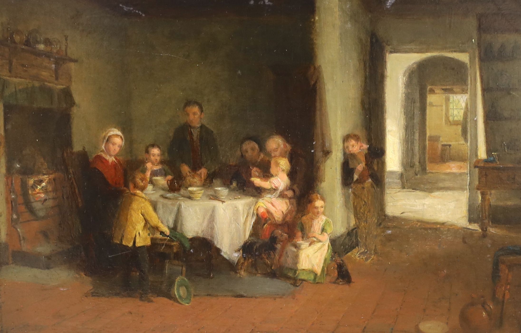 Thomas Webster R.A. (1800-1886) - oil on board,' Breakfast', sketch painted for a picture purchased by Lord Northwick in 1837, inscribed by Webster in 1878, 22 x 32cm